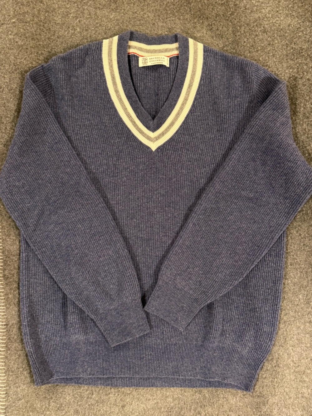Brunello Cucinelli Navy V-Neck Sweater with Cream Trim